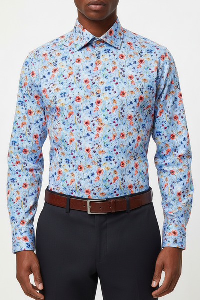 Floral patterned shirt with 'Cambridge' label on a white background