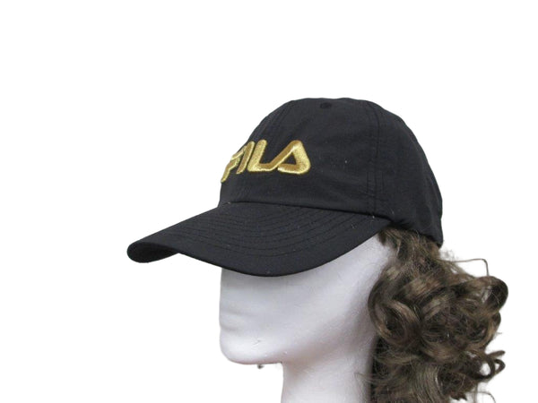 Black cap with gold logo on a mannequin head against a white background