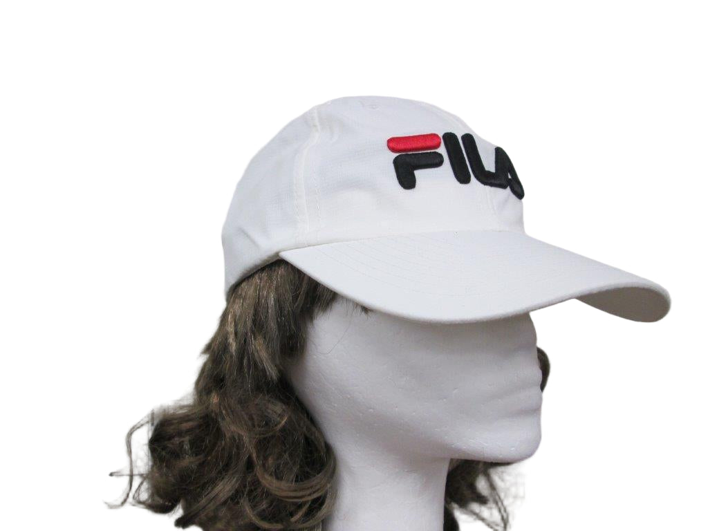 White cap with Fila logo on a mannequin head against a white background