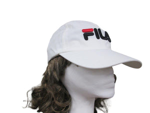 White cap with Fila logo on a mannequin head against a white background