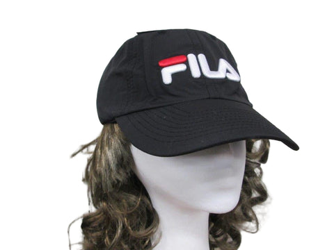 Black cap with Fila logo on a mannequin head against a white background