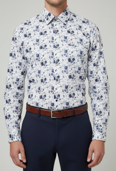Floral-patterned fabric with a visible brand label.