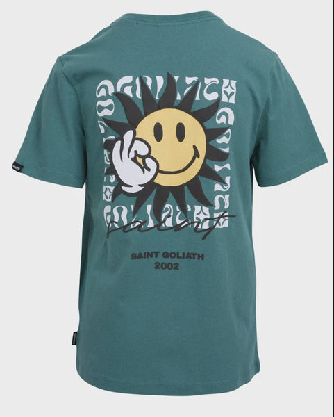 Green t-shirt with a smiley face design and 'Saint Goliath' branding on a white background