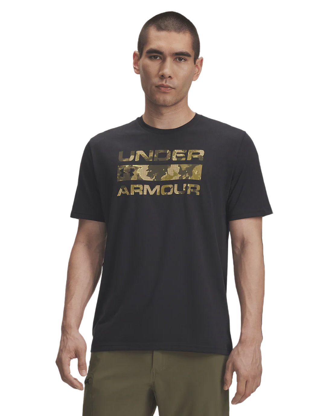 Man wearing a black Under Armour t-shirt on a transparent background