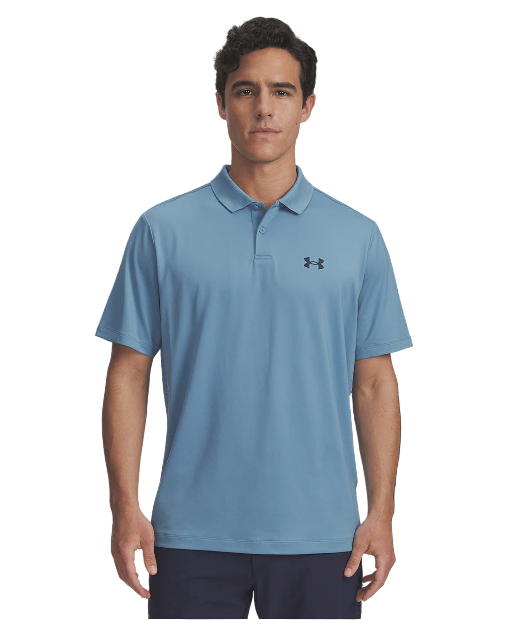 Man wearing a light blue polo shirt with a brand logo on a black background