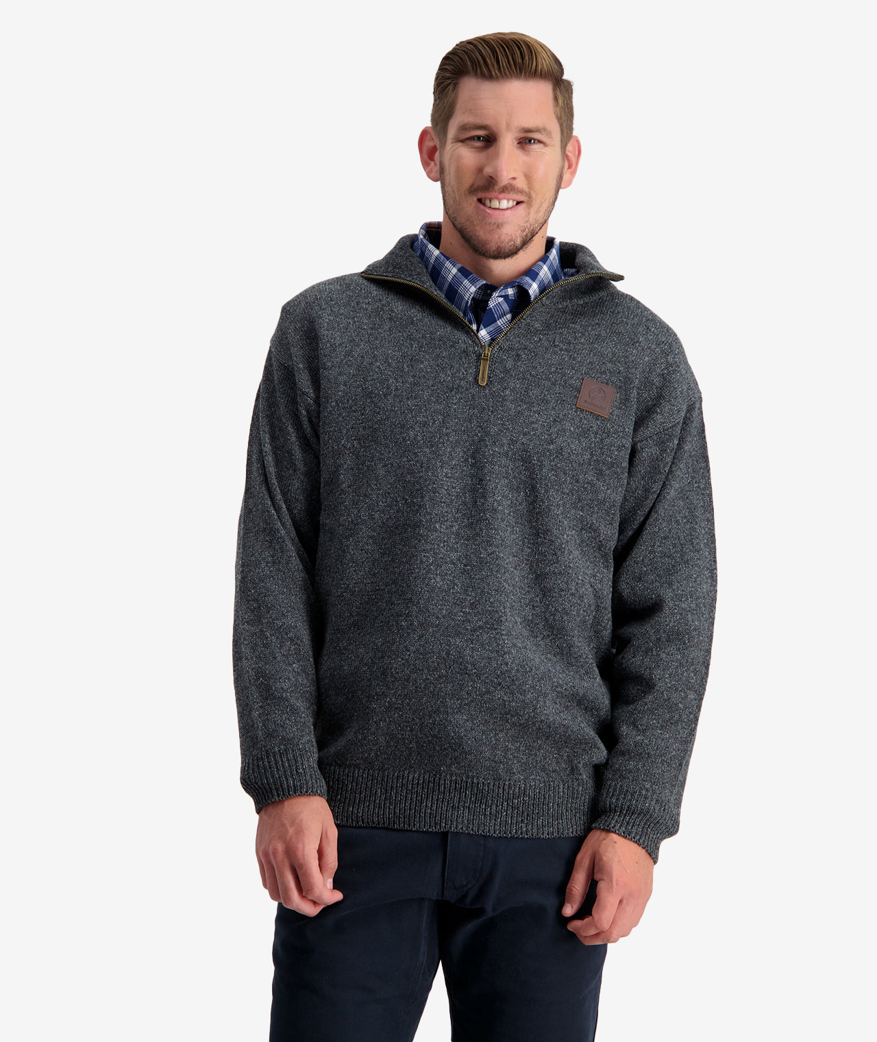 Swanndri Mariner Zip Neck classic quarter zip garment with swanndri leather patch logo on  in charcoal