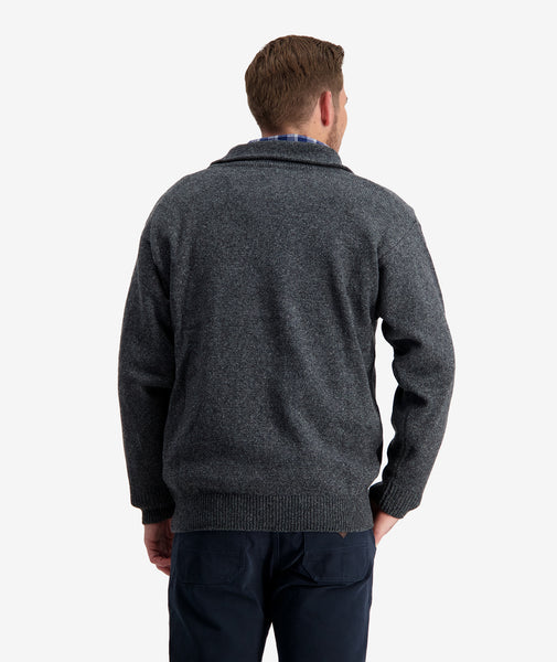 Swanndri Mariner Zip Neck classic quarter zip garment with swanndri leather patch logo on  in charcoal back